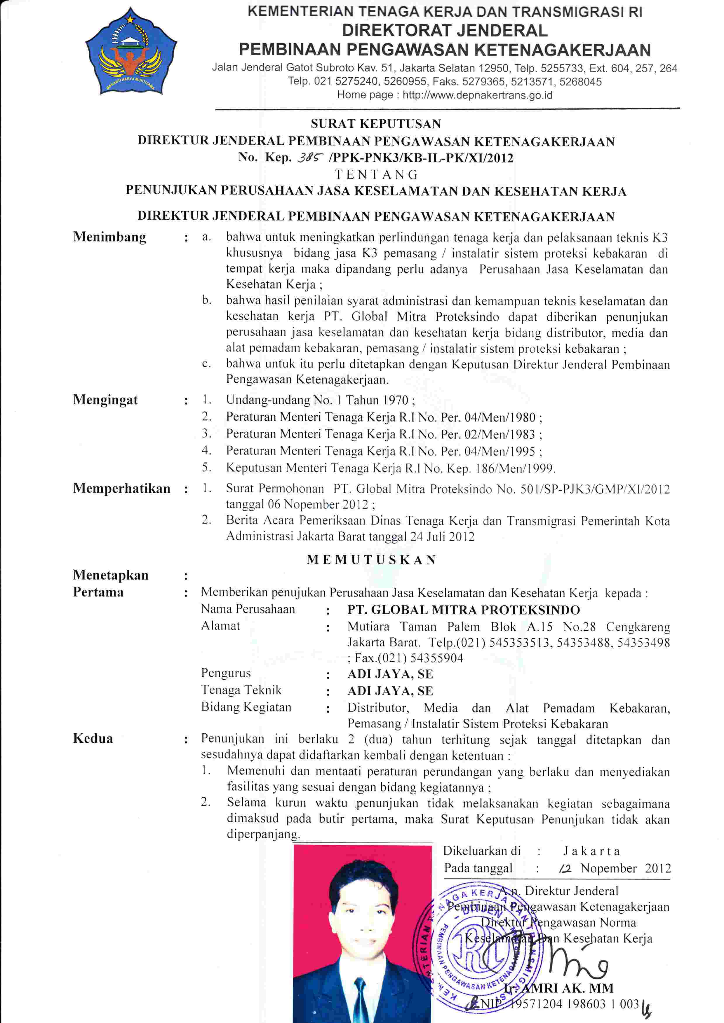 Surat Penunjukan Perusahaan Jasa Keselamatan dan Kesehatan Kerja dari Kementerian Tenaga Kerja & Transmigrasi